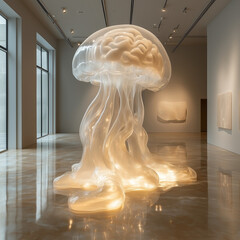 Illuminated jellyfish sculpture in modern art gallery