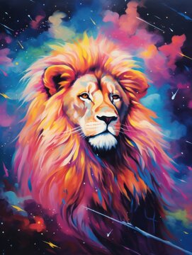 Colorful lion surrounded by vibrant cosmic background showcasing its majestic mane and fierce demeanor in brilliant shades of pink, orange, and blue
