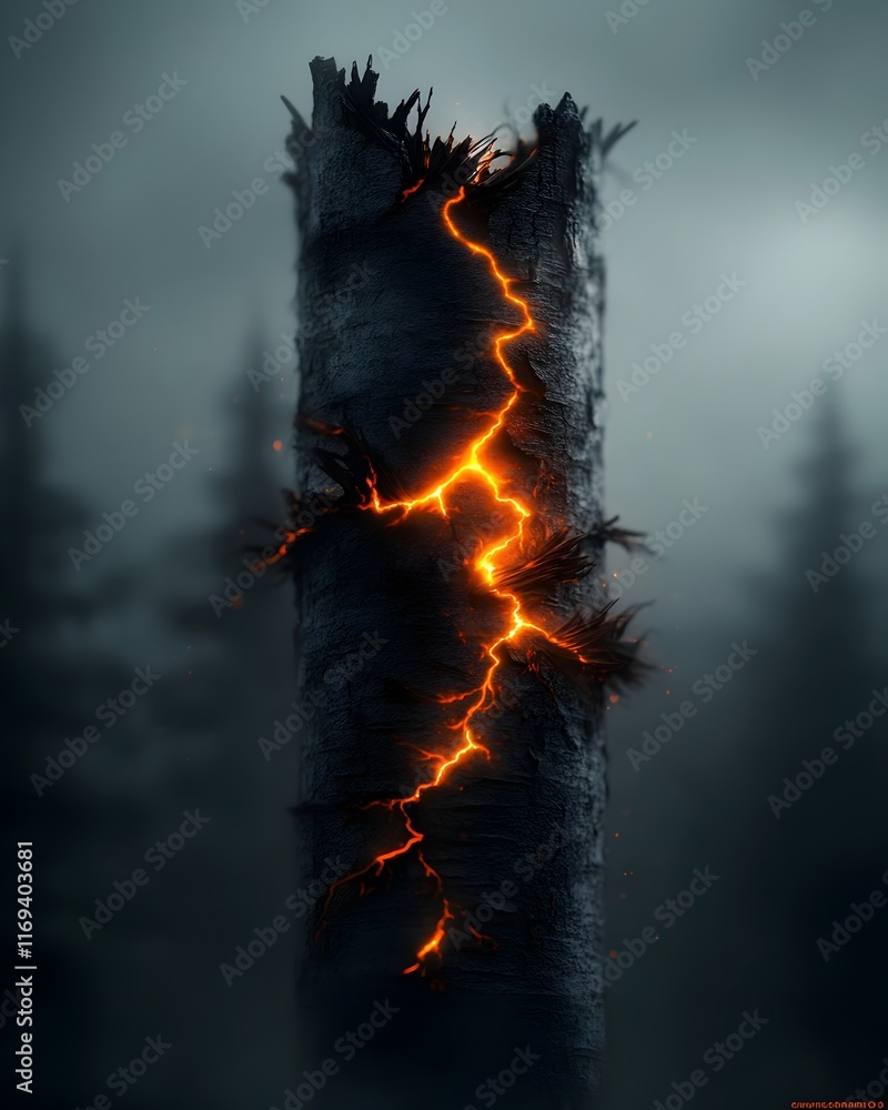 Poster haunting ghostly and luminous tree trunk gnarled and twisted with shredded bark and charred edges sc