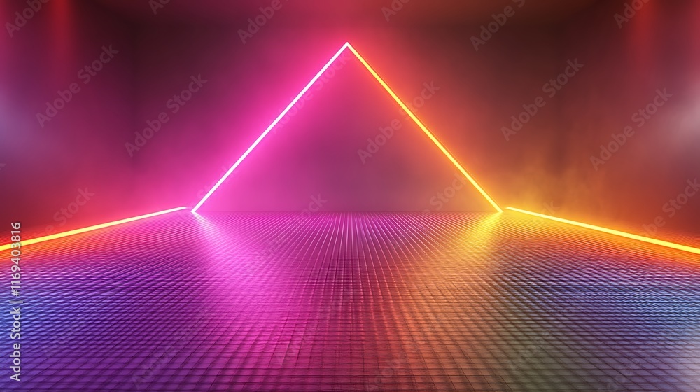 Poster neon triangle light display on gridded floor