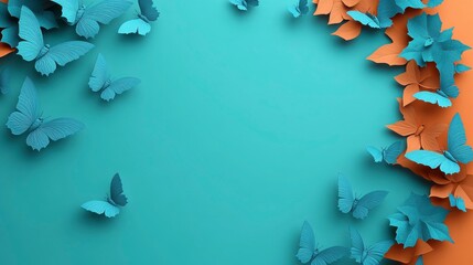 Fototapeta premium Brightly Colored Paper Butterflies and Leaves on a Turquoise and Orange Background, Perfect for Spring or Nature-Themed Designs and Projects