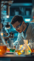 Mężczyzna naukowiec pracuje w nowoczesnym laboratorium chemicznym