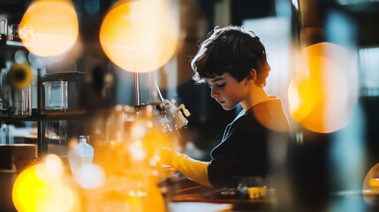 Młody uczeń na lekcji chemii 