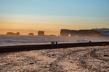 Beautiful black sand beach in Reynisfjara, Iceland.