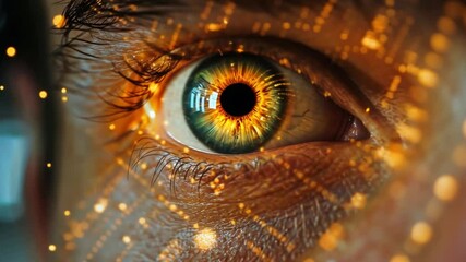 An intricate design displays a human eye with glowing golden and green hues. Digital circuits overlay the iris, creating a captivating fusion of biology and technology that draws attention.