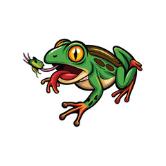 Create a realistic vector illustration of a green frog with its tongue extended, catching a small insect.