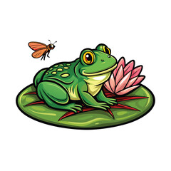 Create a realistic vector illustration of a green frog sunbathing on a lily pad with a pink lily and a small insect flying above.