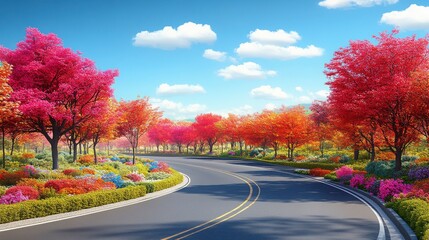 Obraz premium A Scenic Road Surrounded by Vibrant Pink and Red Trees, Colorful Flower Beds, and a Clear Blue Sky on a Beautiful Sunny Day in a Serene Landscape