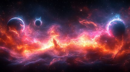 Obraz premium Stunning Cosmic Nebula with Vibrant Colors and Celestial Bodies, Radiating Energy and Mystery in a Vast Expanse of Space and Stars