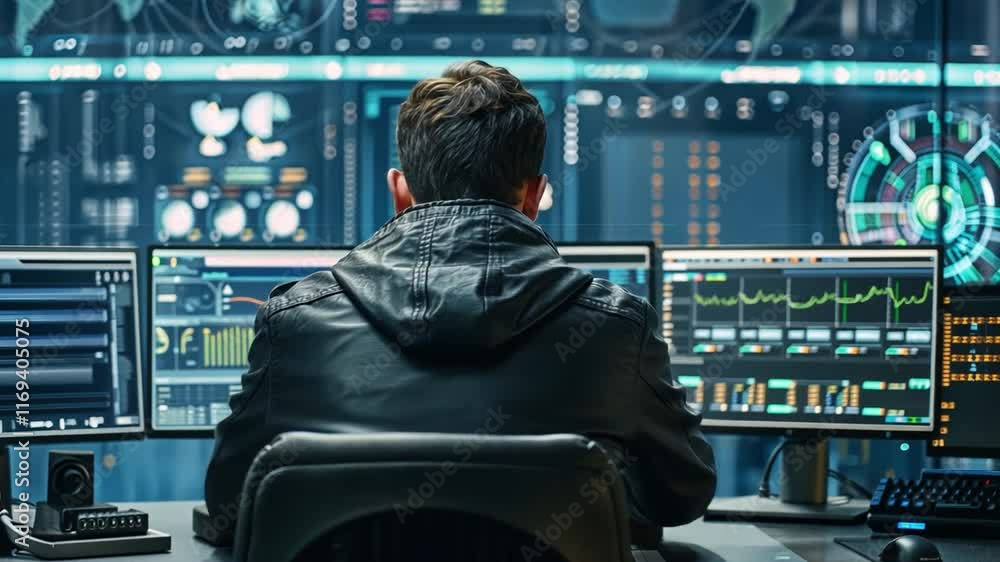 Poster A person is engaged in detailed analysis using several computer screens displaying complex data and analytics in a futuristic control room. The atmosphere is dark, creating a focused workspace.