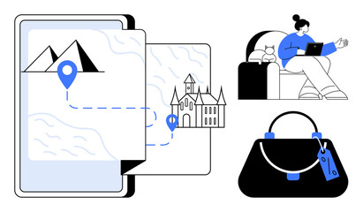 Digital map with route and landmarks on tablet, woman using laptop seated by a cat, and handbag with a tag. Ideal for travel planning, digital nomad lifestyle, remote work, online booking, leisure