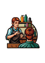 A vector illustration of a hairdresser cutting a customer's hair in a salon.