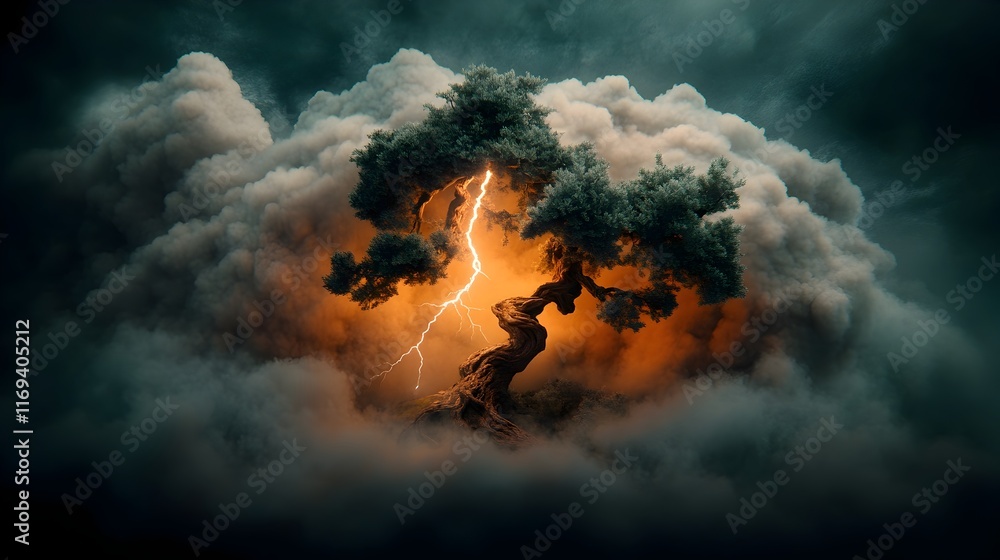 Poster dramatic jagged lightning bolt piercing through the twisted gnarly branches of an ancient forest tre