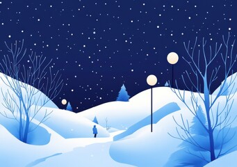 Snowy landscape with a lone figure walking under a starry night sky in a serene winter scene