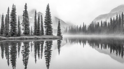 Fototapeta premium Misty Mountain Lake Reflecting Evergreen Trees