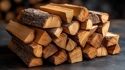 Fototapeta premium Pile of Freshly Cut Firewood Stacked Neatly on Dark Surface with Natural Wood Grain and Textured Bark for Cozy Cabin or Rustic Home Decor and Seasonal Use