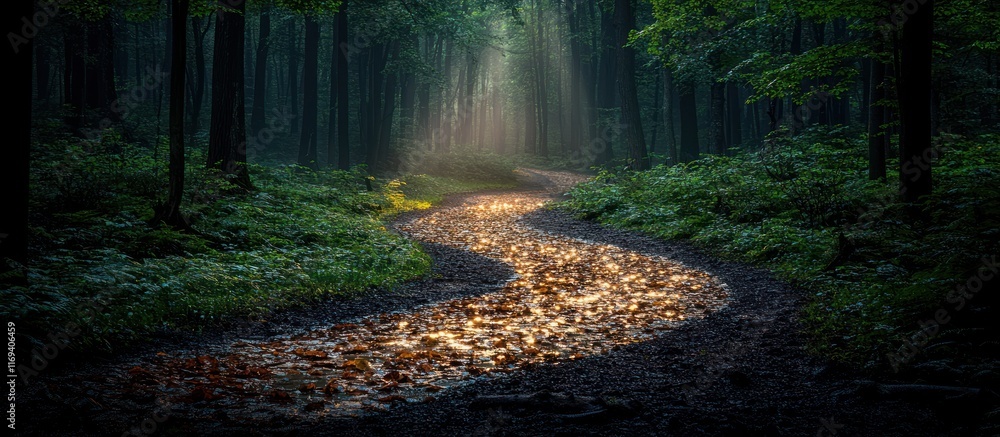 Poster sunlit path winding through a mystical forest.