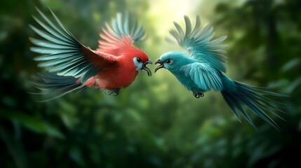 Fototapeta premium Captivating pheromone driven mating ritual of a pair of exotic birds unfolding within a dense verdant tropical canopy Their vibrant plumage in shimmering shades of iridescent blue emerald