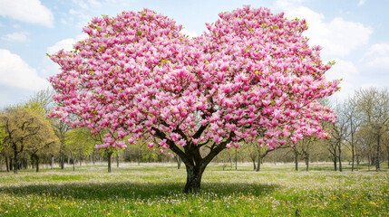 Fototapeta premium Heart-shaped magnolia tree in full pink bloom, idyllic spring meadow.