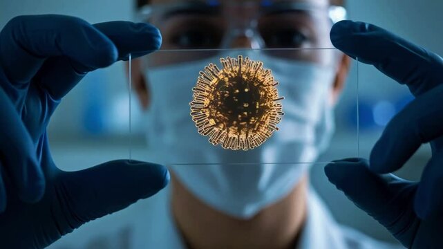 A medical researcher in a laboratory, holding a slide with a realistic virus displayed under an electron microscope