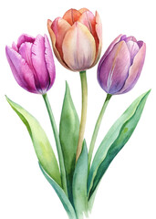Vibrant watercolor tulips, floral arrangement, soft pastel colors, nature illustration, botanical art, spring flowers.