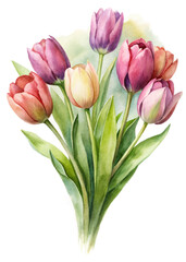 Vibrant watercolor tulips, colorful floral arrangement, spring bouquet, soft pastel tones, nature illustration, artistic design.