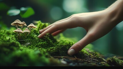 Fototapeta premium Hand gently touching moss and mushrooms in a lush forest environment during daylight hours, capturing the beauty of nature and human connection