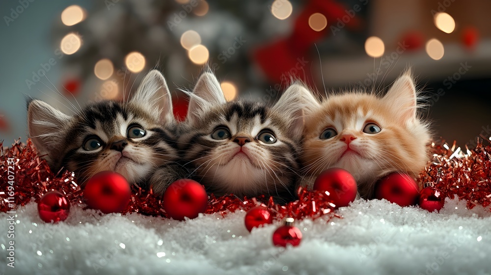 Poster playful litter of kittens and cats entangled in shiny tinsel and ribbon exploring a whimsical christ