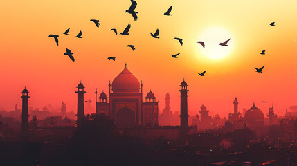 Pigeons flying in the sky in front of jama masjid during sunset. Cenotaph. Illustration