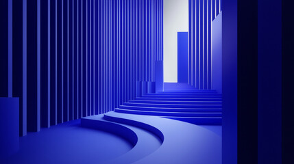 Obraz premium Abstract blue architecture; curved stairs ascending to bright light.