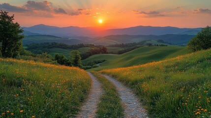 Sunset over rolling hills and wildflowers, dirt road. (1)