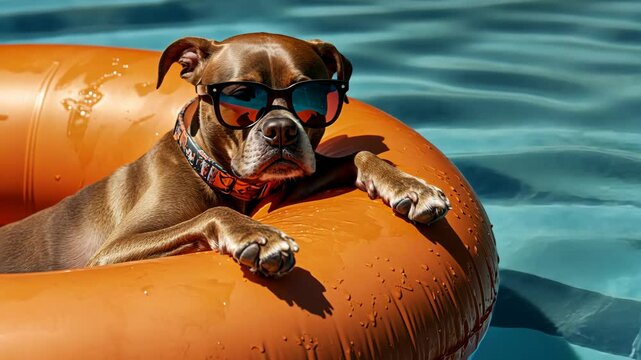 Dog enjoys a sunny day relaxing in a pool float with sunglasses by a shimmering blue swimming pool