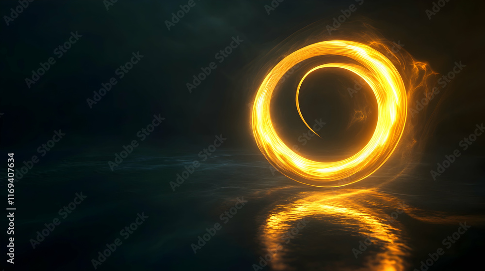 Poster a glowing neon spiral twisting through a dark abstract space with soft reflections and depth