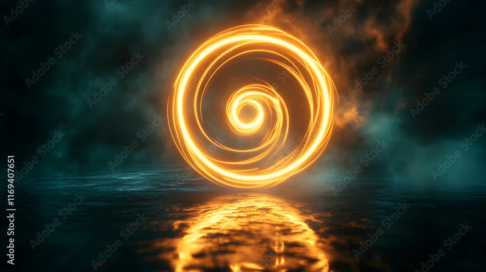 Poster a glowing neon spiral twisting through a dark abstract space with soft reflections and depth