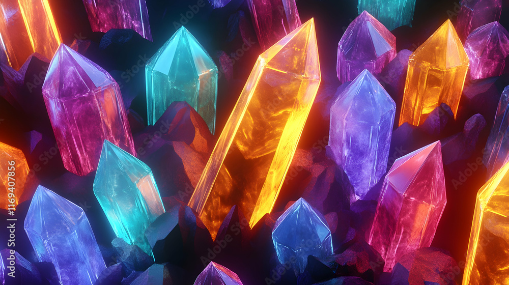 Poster a high-detail render of colorful glowing crystals arranged in an abstract pattern