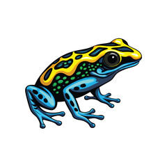 Vector illustration of a poison dart frog in side profile, featuring vibrant yellow, blue, and green colors.