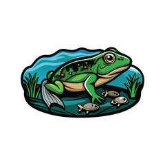Vector illustration of a frog swimming underwater with fish.