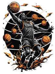 A basketball player mid-air performing a slam dunk with a glowing neon basketball hoop. © makyas