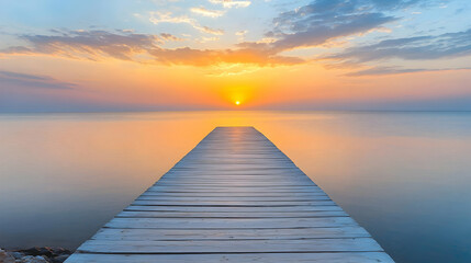 Fototapeta premium A minimalist wooden boardwalk stretching into a calm sea under a vibrant sunrise