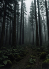 Obraz premium fog in the forest with a narrow pathway running through it and tall evergreen pine trees