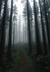 Fototapeta premium morning in the woods, spooky tiny pathway leading through a lonely forest with a light sky and ominous mist