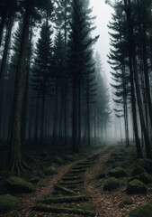 Fototapeta premium Pathway through the forest with dense tall trees on either side of the trail and spooky fog in the distance