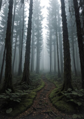 Obraz premium Pathway through a lonely forest in the morning fog with tall pine trees and little dirt road