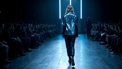 Elegant female model posing in a beautiful evening gown during fashion week in a city setting