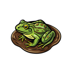 A top-down view vector illustration of a green frog floating on a brown lily pad.