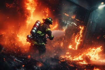 Fototapeta premium Brave firefighter battles intense flames in a burning building, showcasing dedication and strength amidst chaos