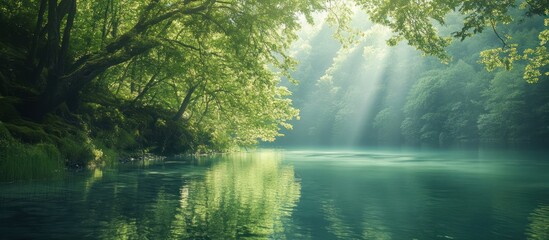 Fototapeta premium Serene river flowing through lush green forest with sunbeams breaking through the canopy.