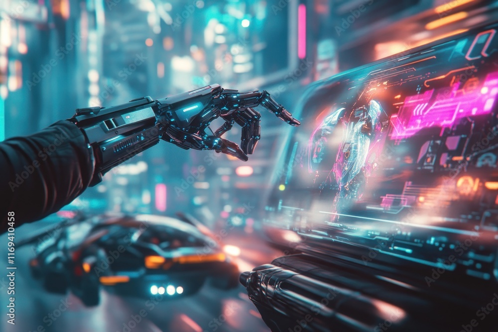 Poster a person uses a bionic arm and advanced tech to control a holographic display in a futuristic vehicl