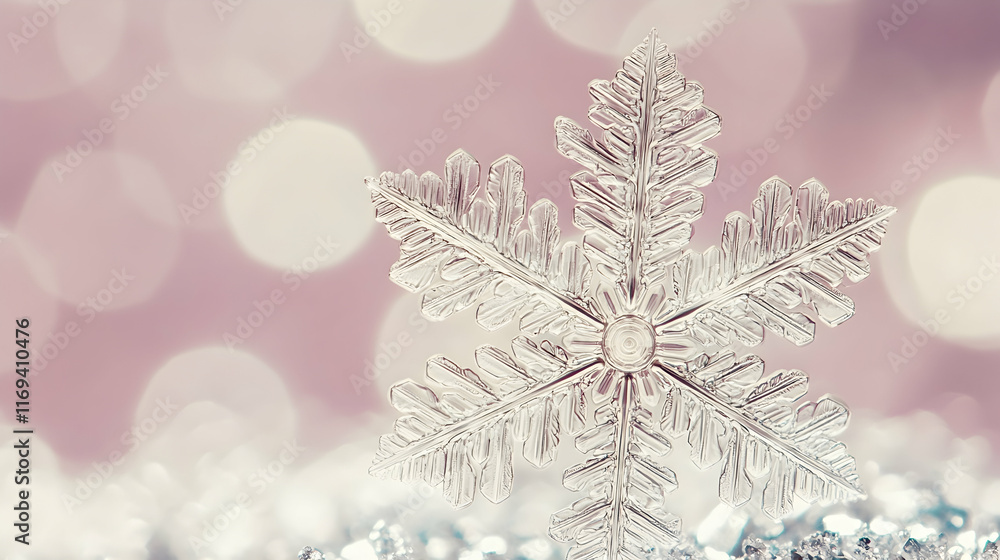 Poster a perfectly symmetrical snowflake in high detail against a soft blurred background