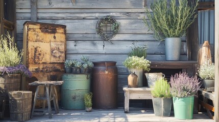 Rustic wooden porch, weathered containers, blooming plants.